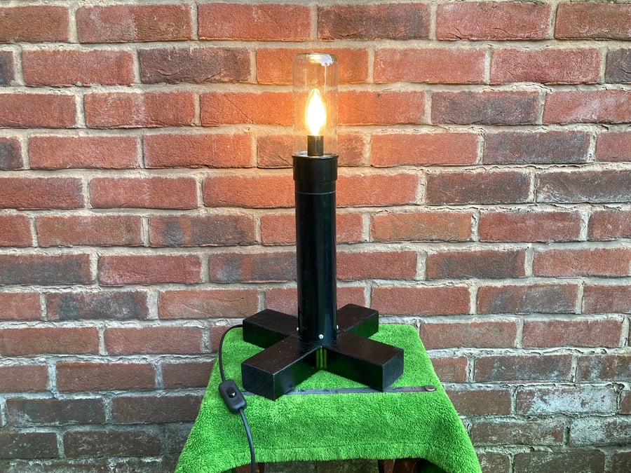 Contemporary Table Lamp, Upcycled Jar on Drainpipe Post and Salvaged Wood Base