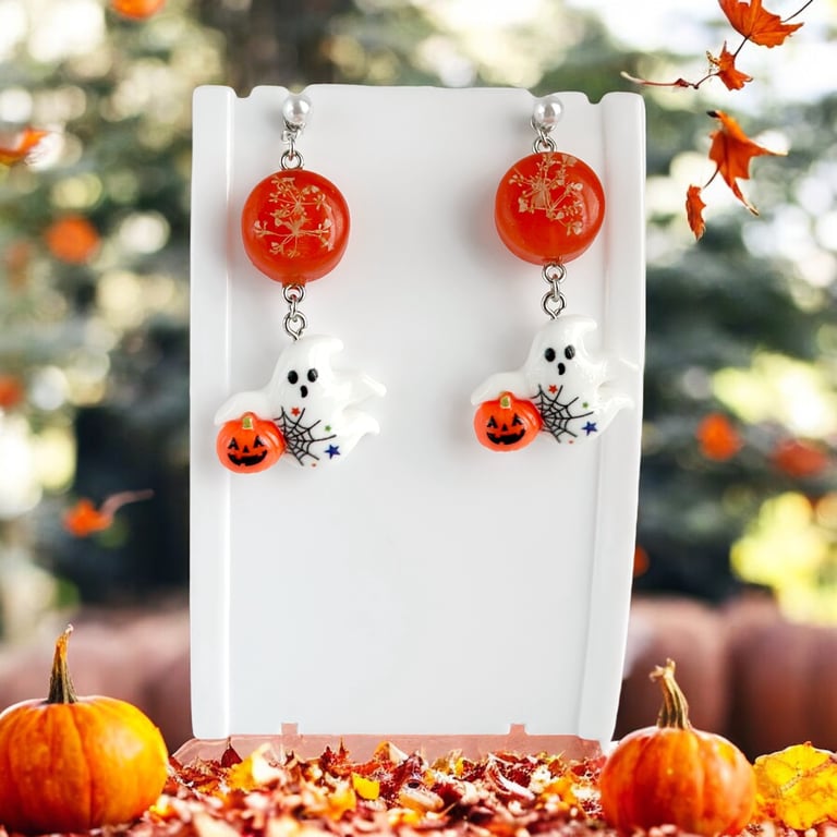 Halloween Ghost Earrings Cute pumpkin Silver studs Resin Earrings Spooky season