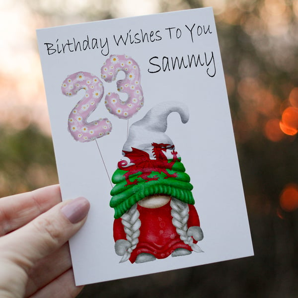 Welsh Gnome Age Birthday Card, Card for 23rd Birthday, Welsh Flag Gnome Birthday