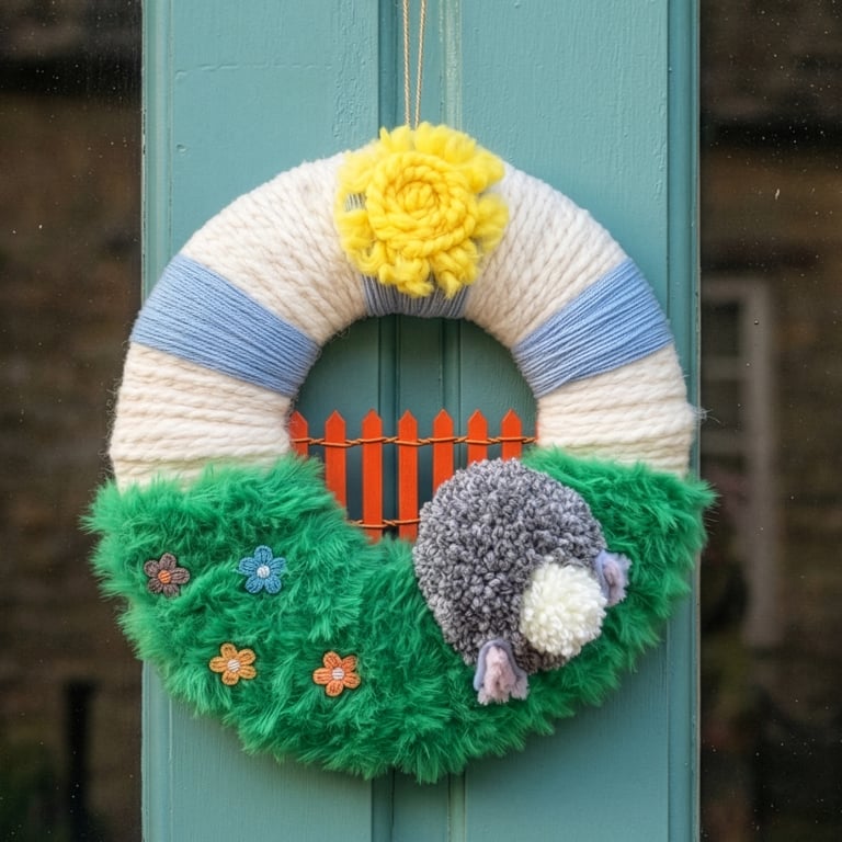Spring Easter Yarn Wreath - Pom-pom Bunny in Sunny Meadow (8 inch) Free Post 