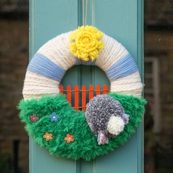Spring Easter Yarn Wreath - Pom-pom Bunny in Sunny Meadow (8 inch) Free Post 
