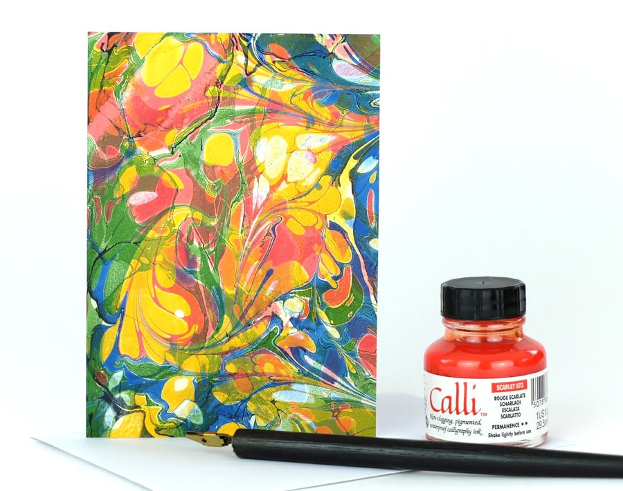 Bright and colourful double marbled paper art blank greetings card carnival