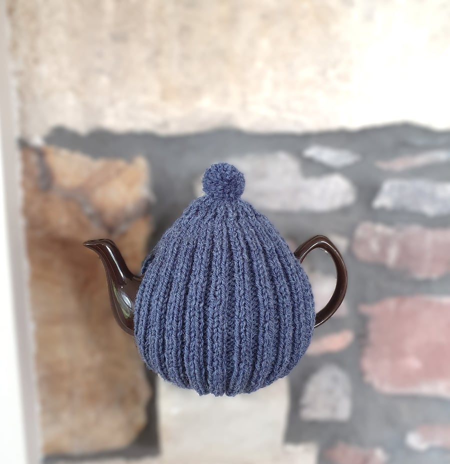 Large Tea Cosy, Brown Betty Compatible, Hand Knitted, Denim Blue
