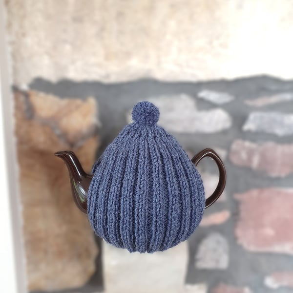 Large Tea Cosy, Brown Betty Compatible, Hand Knitted, Denim Blue