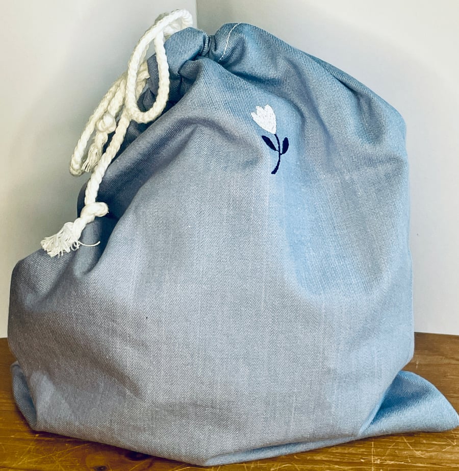 Chambray blue with embroidered flowers gift or storage bag