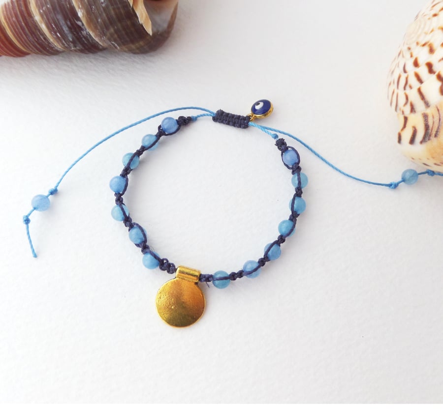 Blue Jade Beaded Shamballa Adjustable Bracelet