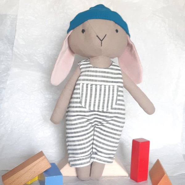 Linen rabbit, Bunny in dungarees, Stuffed bunny, Heirloom gift, Easter bunny