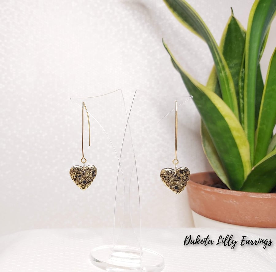 Black with gold heart polymer clay earrings