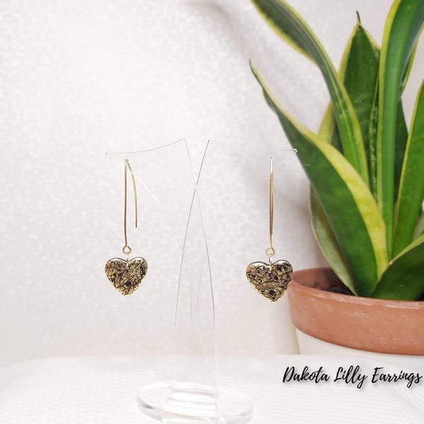 Black with gold heart polymer clay earrings