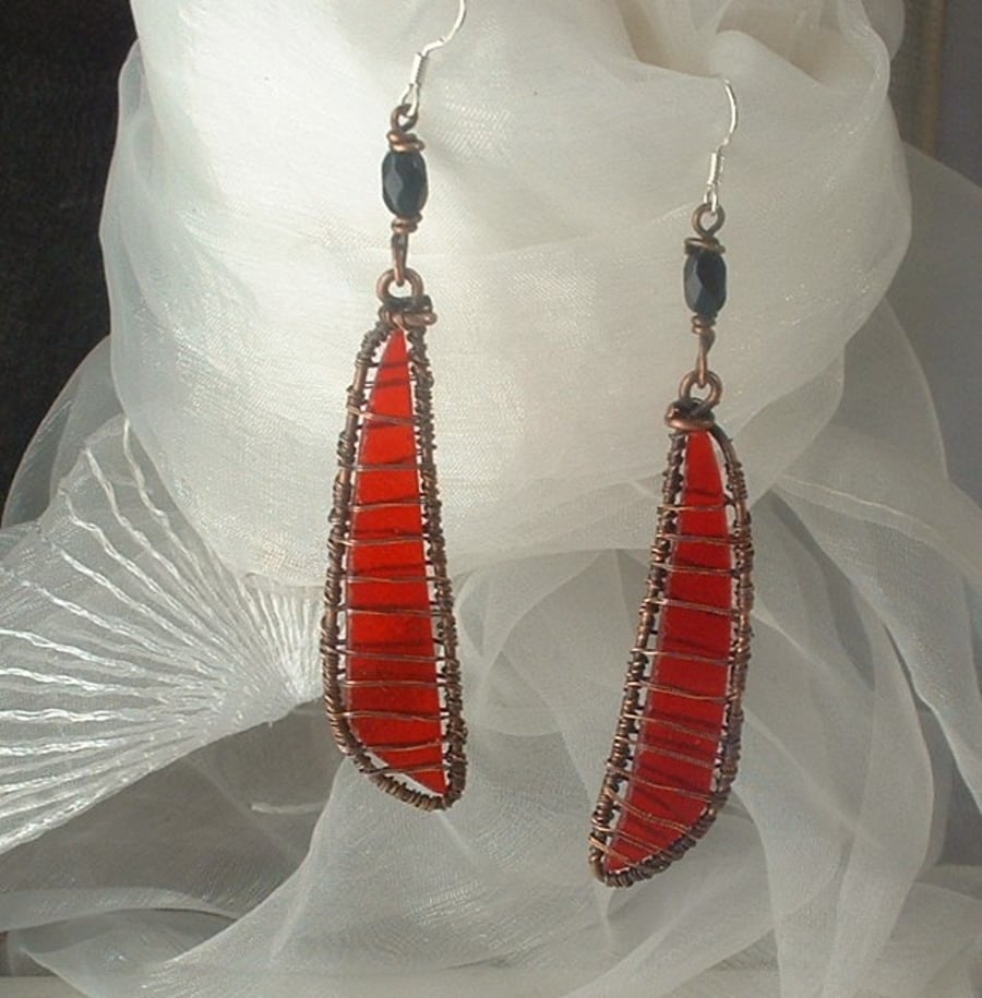 Rustic Poppy Red Glass Wire Wrapped Earrings with Jet Black Beads