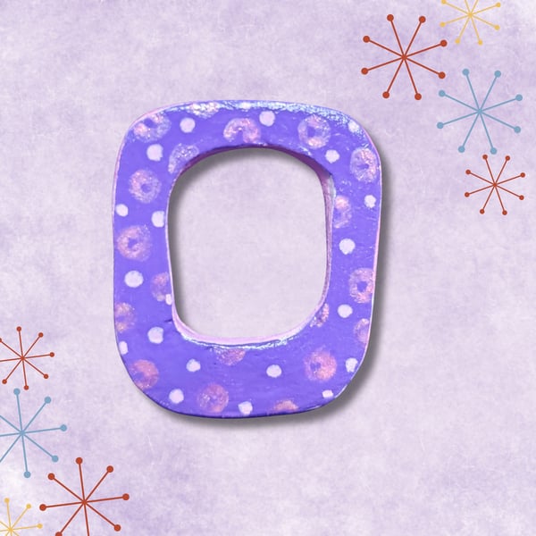 Purple Hand Painted Ceramic Brooch Mid-Century Design