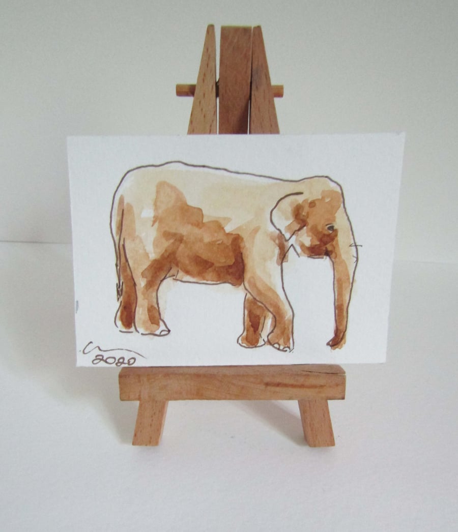 ACEO Art Walking Elephant Original Watercolour & Ink Painting OOAK