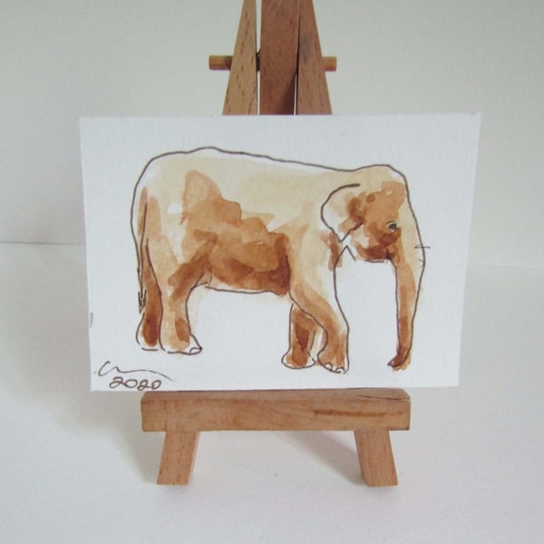 ACEO Art Walking Elephant Original Watercolour & Ink Painting OOAK