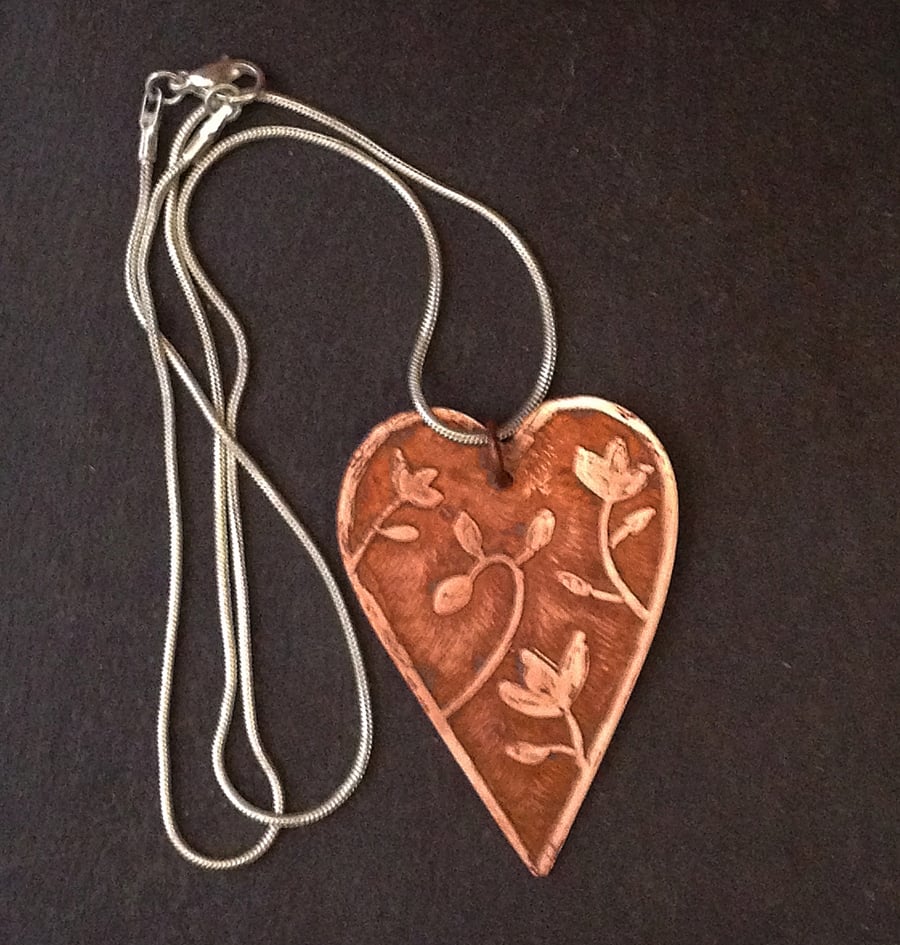  Handmade Large Etched Heart Copper Pendant Necklace 