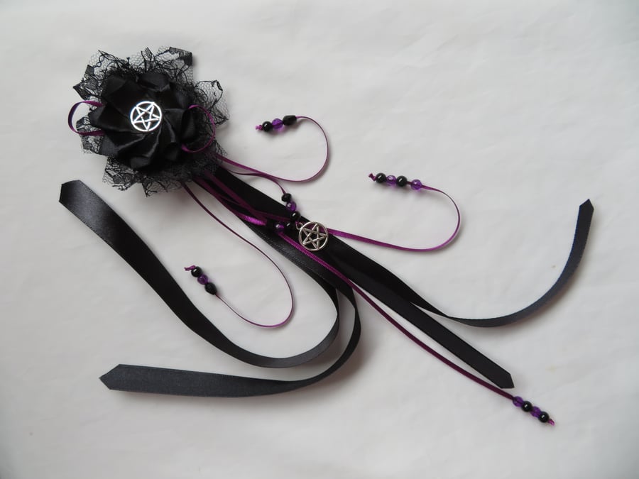 Black & Amethyst Gothic Style Clip in Hair Ribbons Pentagram Witch Accessory