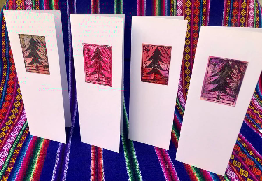 Hand printed Pk 4 Xmas Cards Featuring Original Mini Festive Artwork