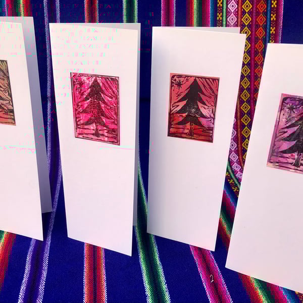 Hand printed Pk 4 Xmas Cards Featuring Original Mini Festive Artwork