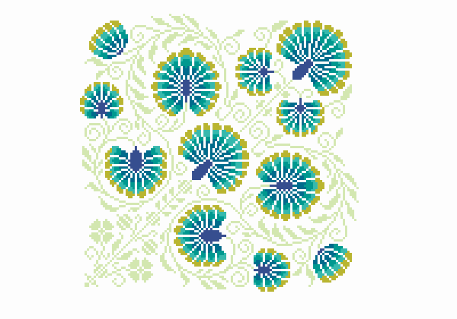 105A - Cross Stitch Pattern Beautiful Peacock Flowers and vines, Gemstone Forest