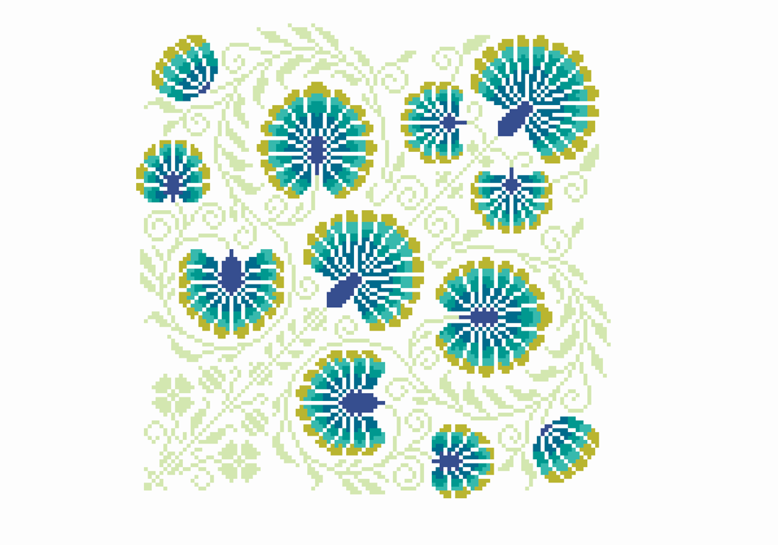 105A - Cross Stitch Pattern Beautiful Peacock Flowers and vines, Gemstone Forest