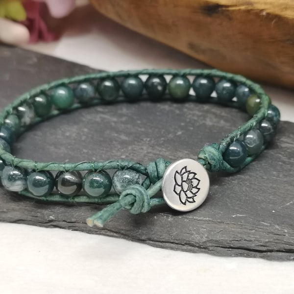 Moss agate and green leather bracelet with lotus flower button