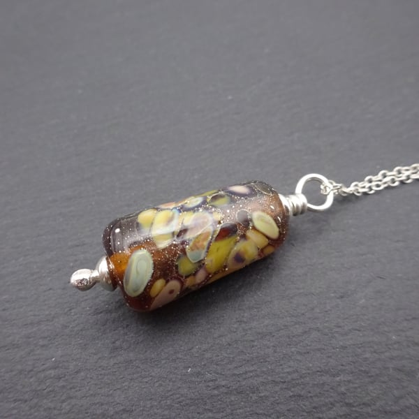 lampwork glass autumn pendant, sterling silver chain necklace 