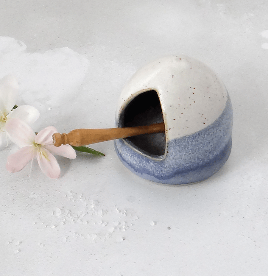 Ceramic salt cellar salt pig in blue and creamy white - handmade pottery
