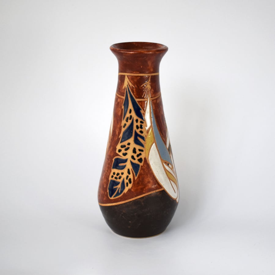 19-203 Stoneware pottery hand thrown bottle vase with feathers