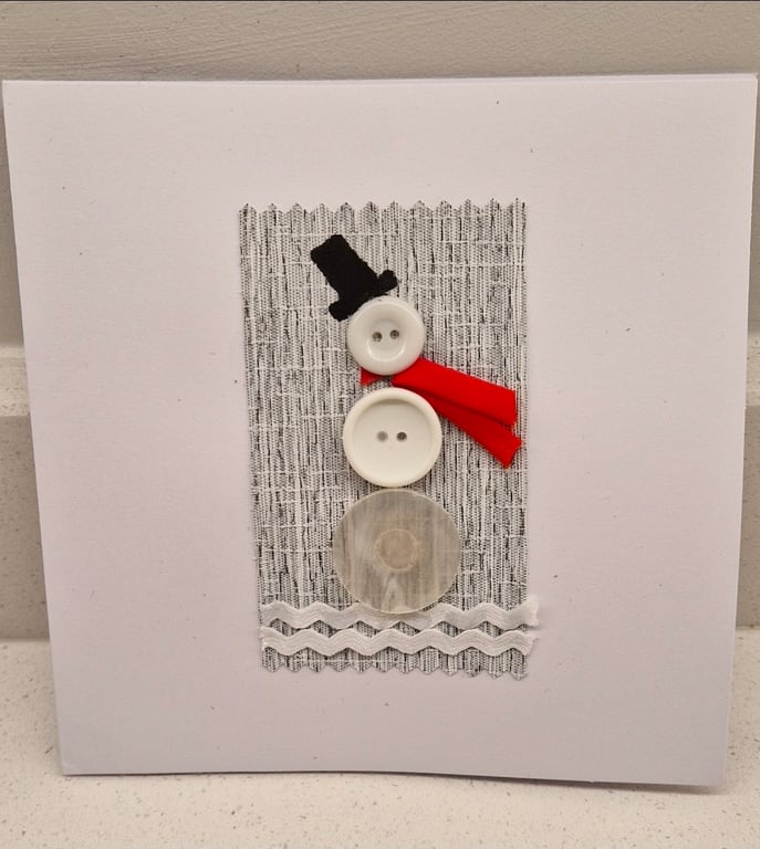 Handmade cute snowman Christmas card fabric & buttons 