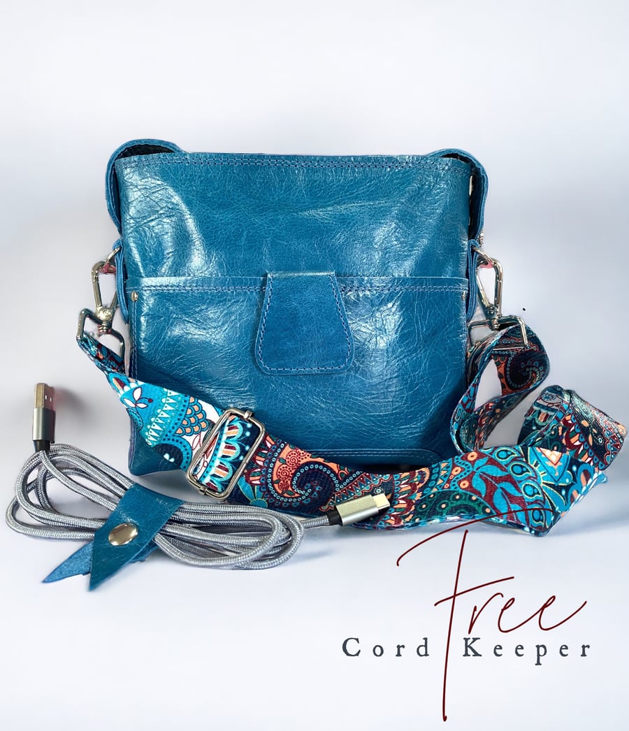 Leather Crossbody Bag - Azure Blue - Genuine Rescued Leather & Silk Lined Bag 