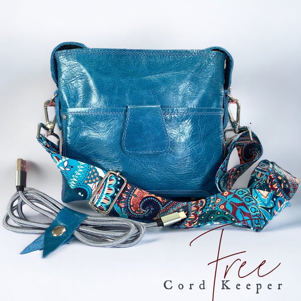 Leather Crossbody Bag - Azure Blue - Genuine Rescued Leather & Silk Lined Bag 