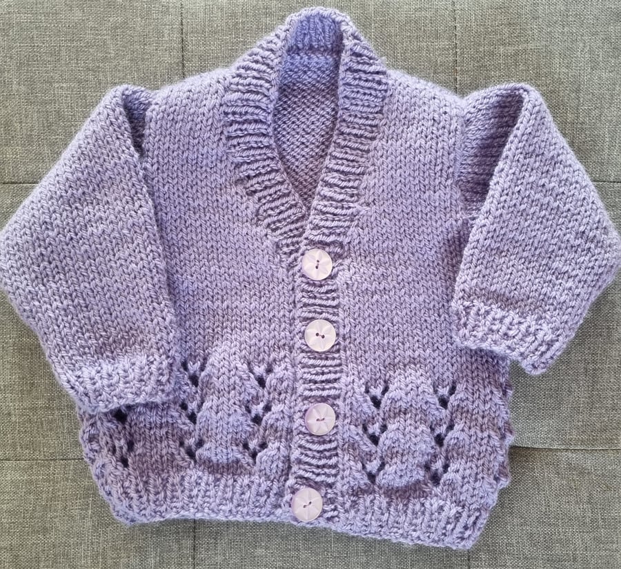 0 to 3 months hand knitted baby cardigan in lilac, newborn baby gift