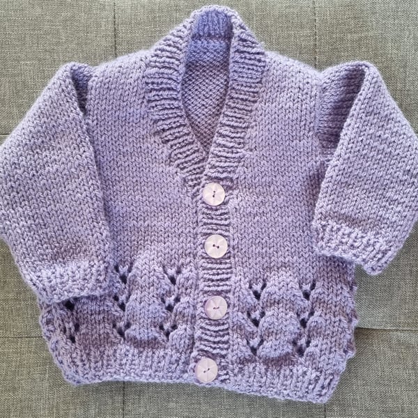 0 to 3 months hand knitted baby cardigan in lilac, newborn baby gift