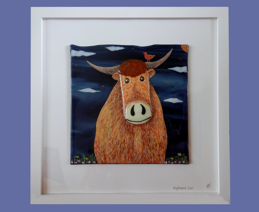 Handmade Fused Glass 'Highland Cow' Picture