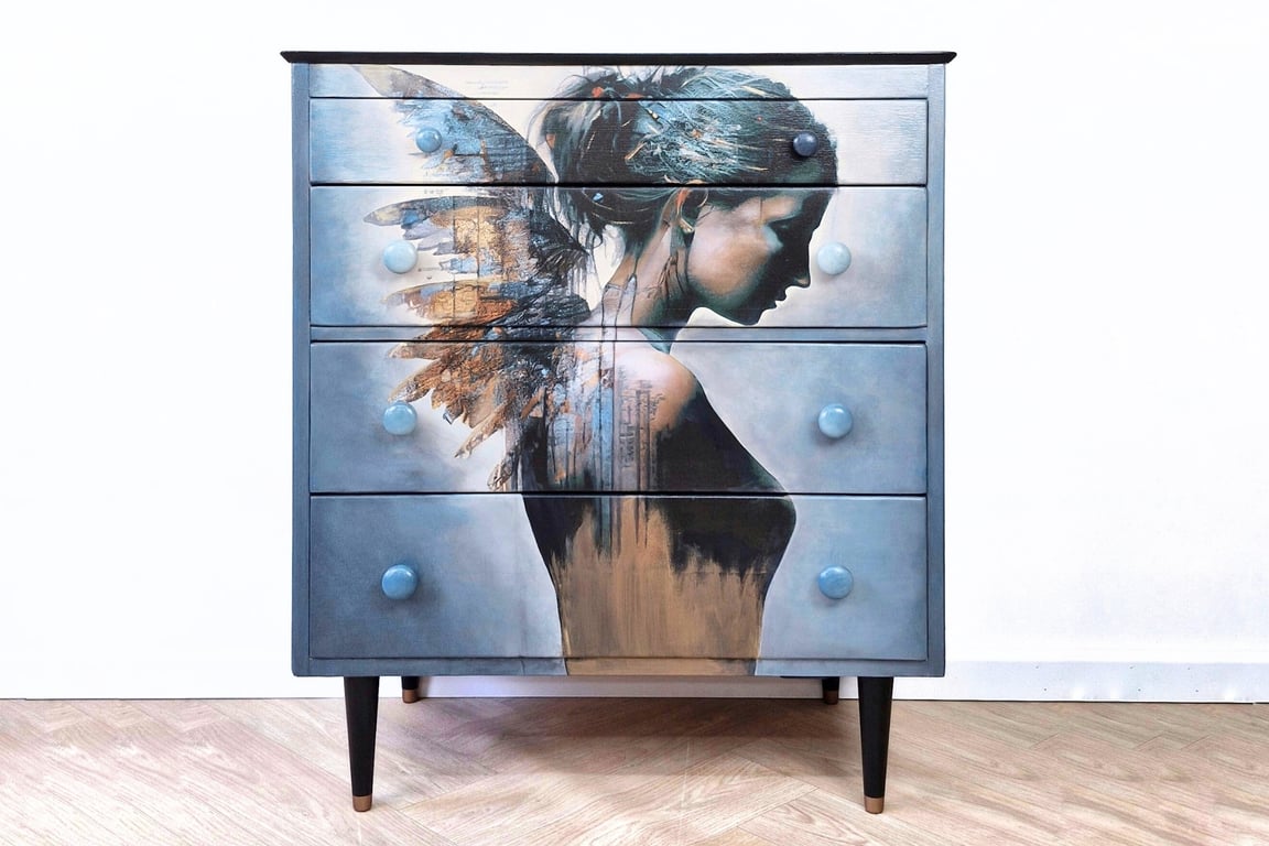 Whimsical Chest of Drawers, hand-painted, woman with angel wing's print, boho 