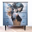 Whimsical Chest of Drawers, hand-painted, woman with angel wing's print, boho 