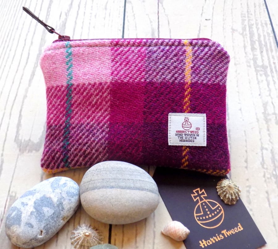 Harris Tweed large coin purse. Tartan weave in pink and plum purple