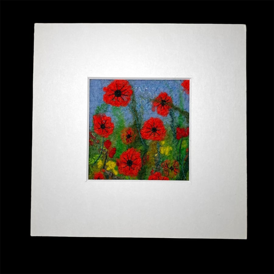 Felted Poppy picture, hand felted textile art