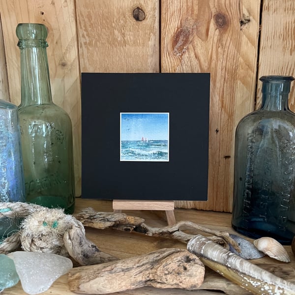 Tiny  original watercolour and gouache seascape