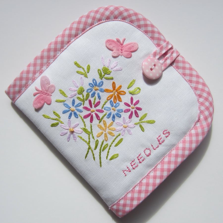 Vintage Embroidery Flower and Butterfly Sewing Needle Case with Needles and Pins