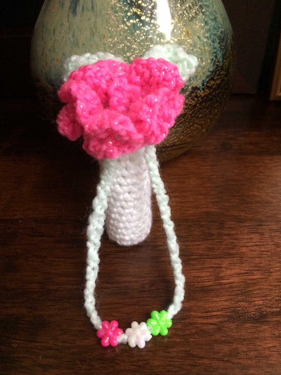 Hand Crocheted Luxury Lipstick Drawstring Pouch Case Holder with Hot Pink Flower