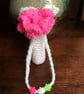 Hand Crocheted Luxury Lipstick Drawstring Pouch Case Holder with Hot Pink Flower - Image 1