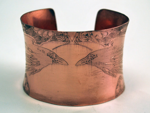 Etched Natural Copper Cuff Bracelet - Raven design - large anticlastic cuff