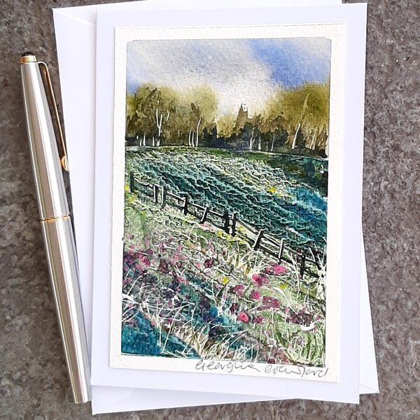 Pink Wildflowers. Handpainted Blank Card. Mixed Media Art