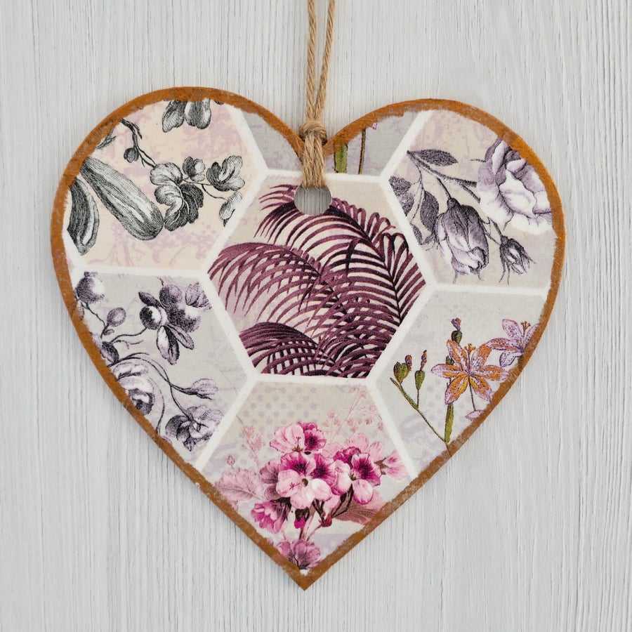 Decoupaged Wooden Hanging Heart: Fern & Flower design 6” (15cm)