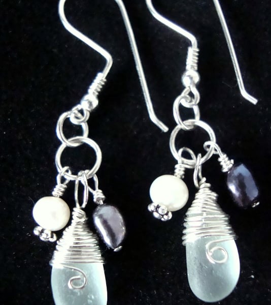 Sea Glass & Freshwater Pearl Earrings