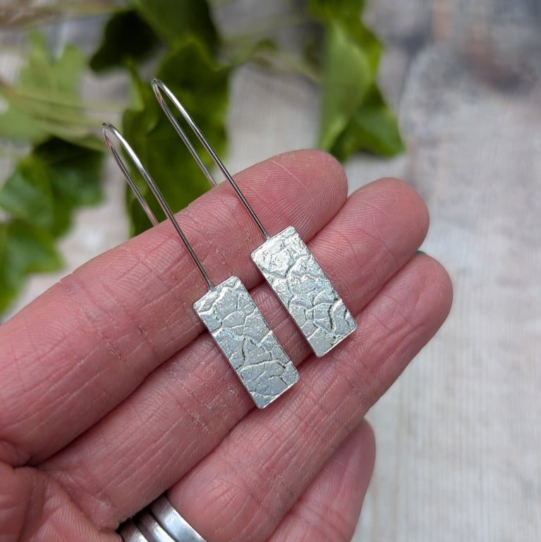 Sterling Silver Long Rectangle Earrings with Cracked Earth Pattern - JBJ1100