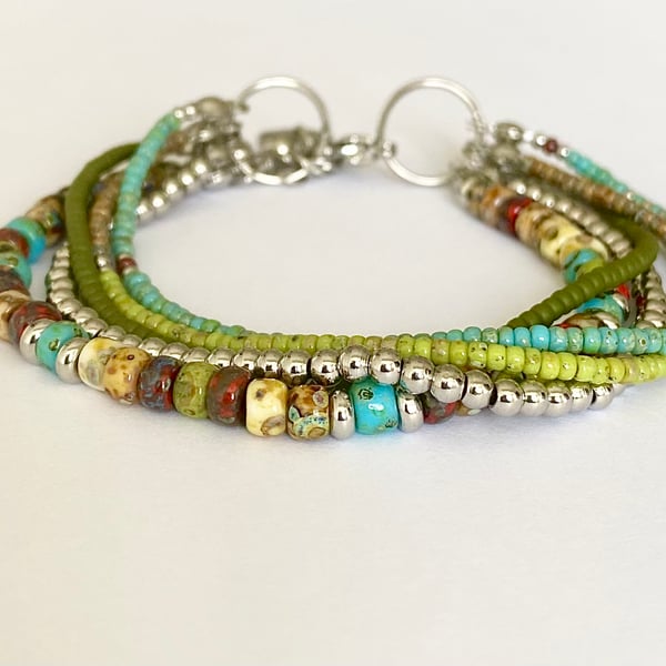 Handmade Multi-strand multicoloured Miyuki seed bead & stainless steel bracelet