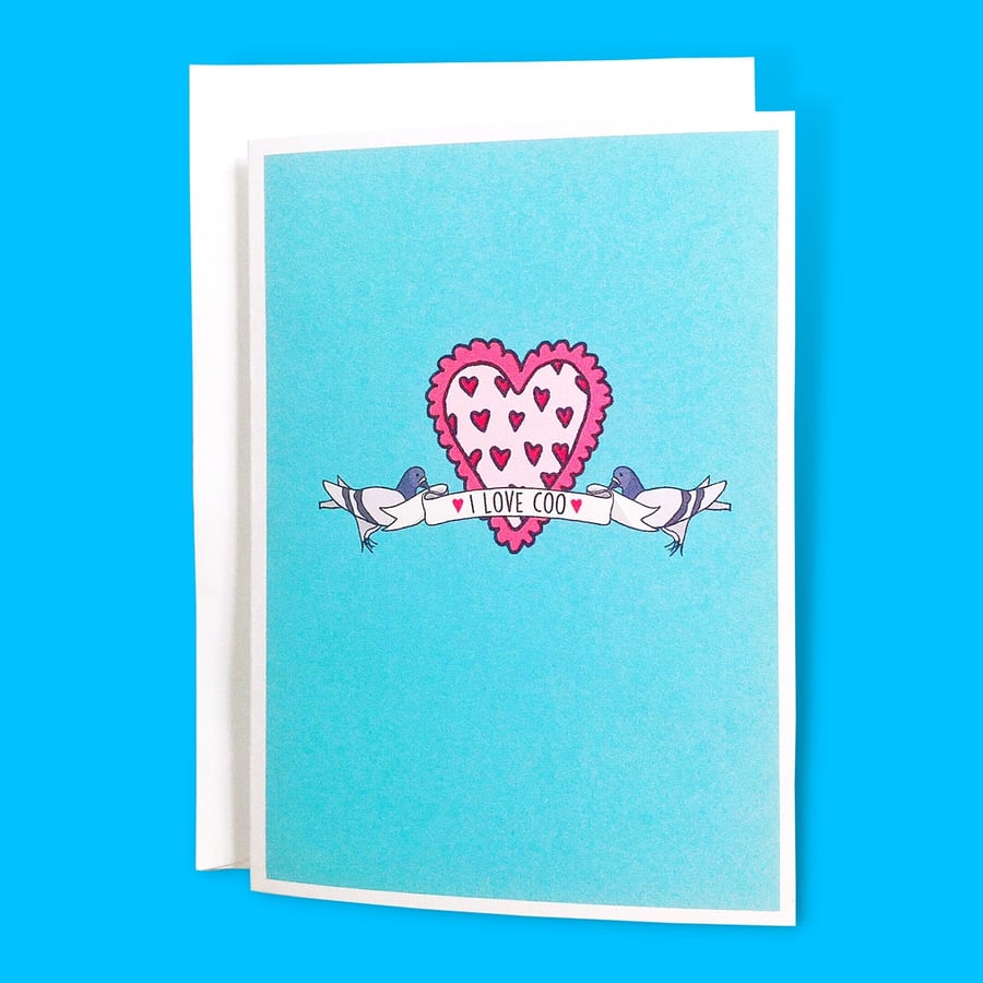I Love Coo Pigeon and Valentine's Heart Illustration A6 Greetings Card