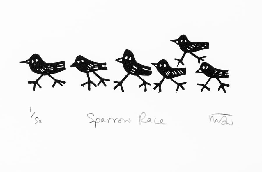 Sparrow Race - lino print