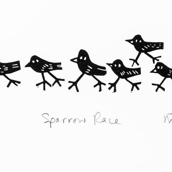 Sparrow Race - lino print